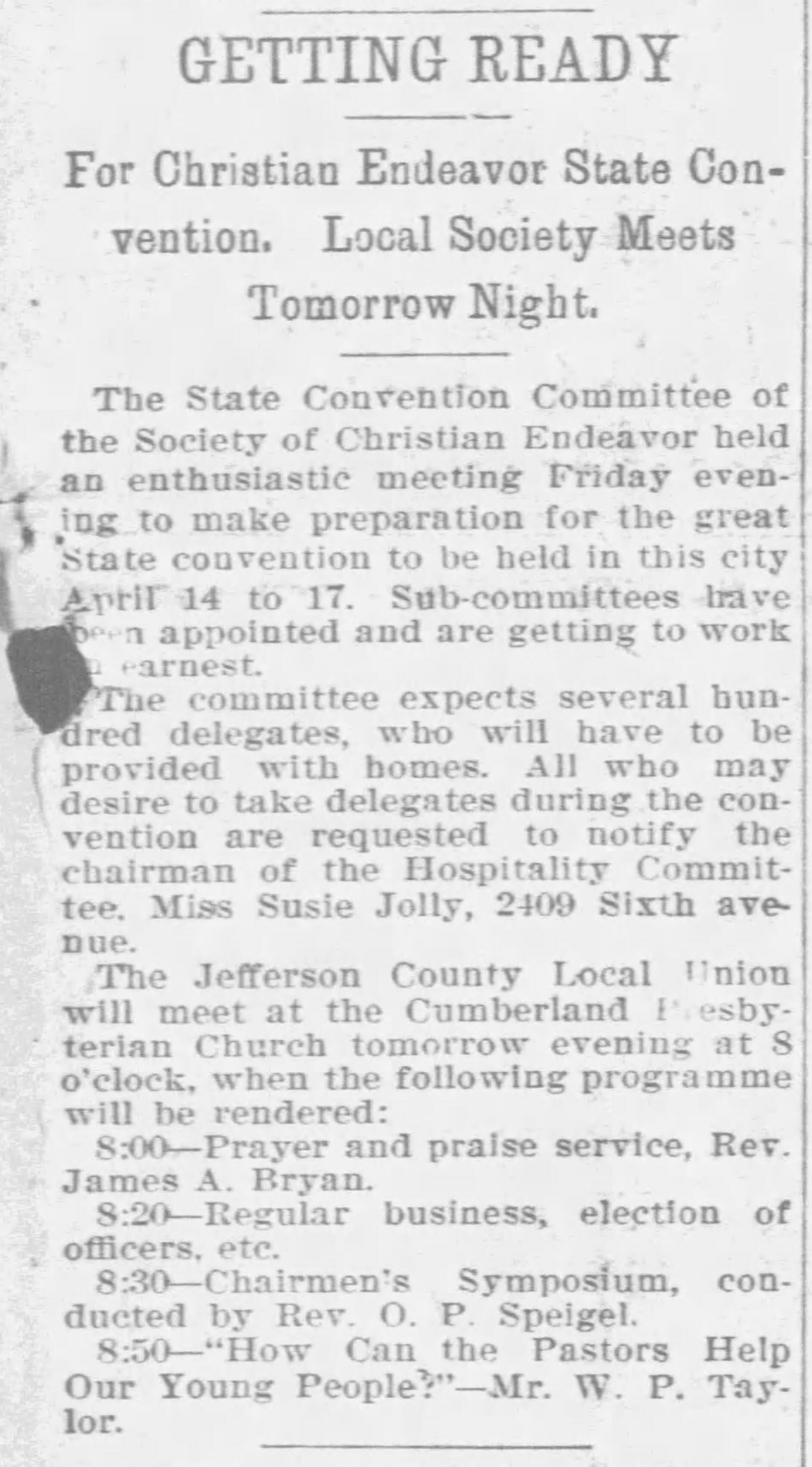 Getting Ready for Christian Endeavor State Convention